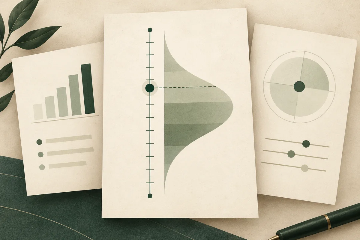 Three report pages show a bar chart, a shaded distribution curve with a marked point, and a segmented circle with horizontal scales.