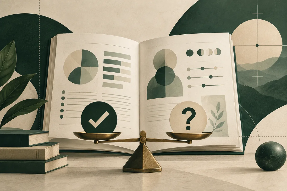 An open illustrated report with abstract charts and a person-shaped icon rests above a brass balance scale holding a check mark and a question mark; books, leaves, and geometric shapes surround it.