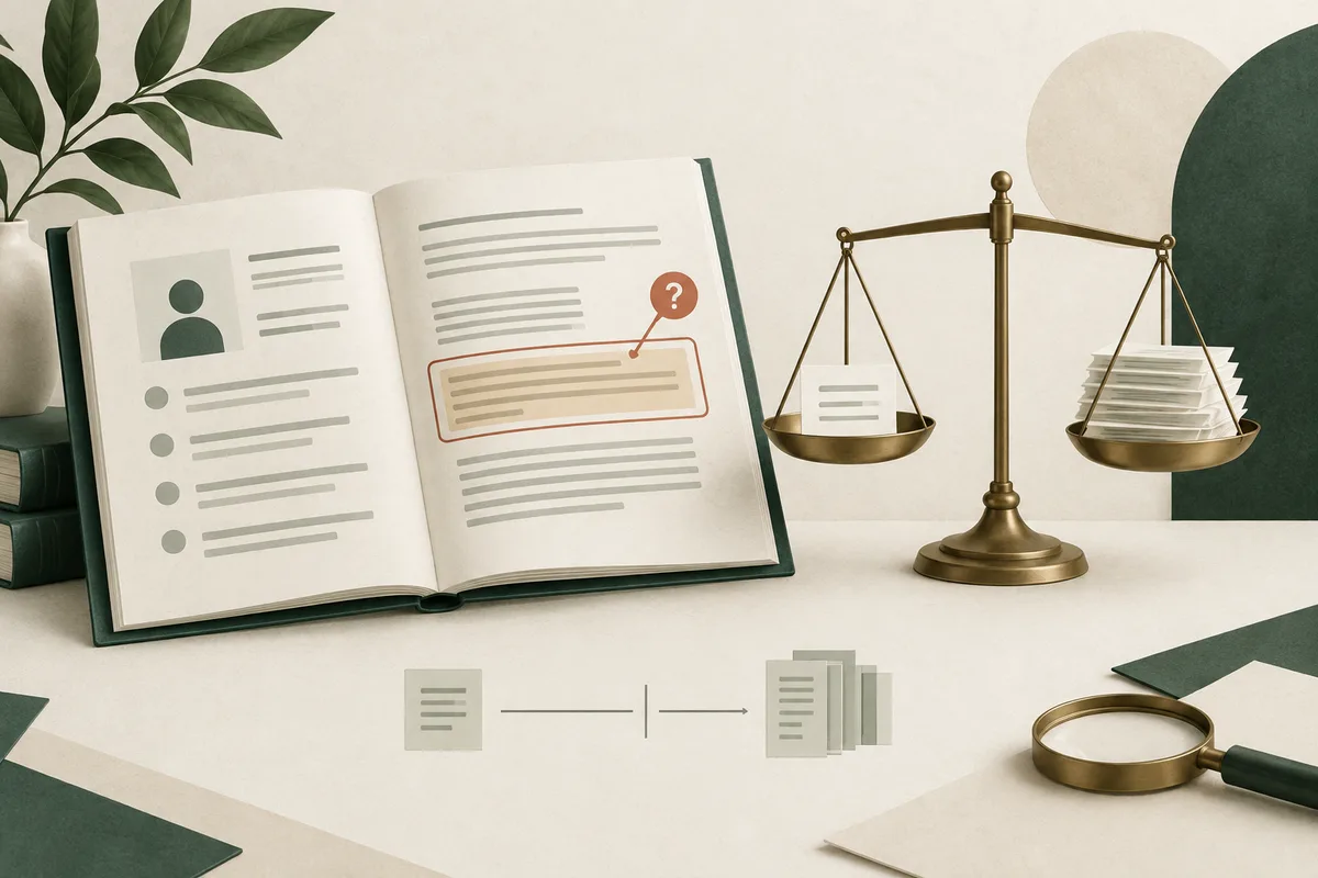 An open illustrated report shows an abstract profile icon and a text block outlined with a question-mark callout beside a brass balance scale holding one sheet and a stack of sheets; a magnifying glass and leaves sit nearby.