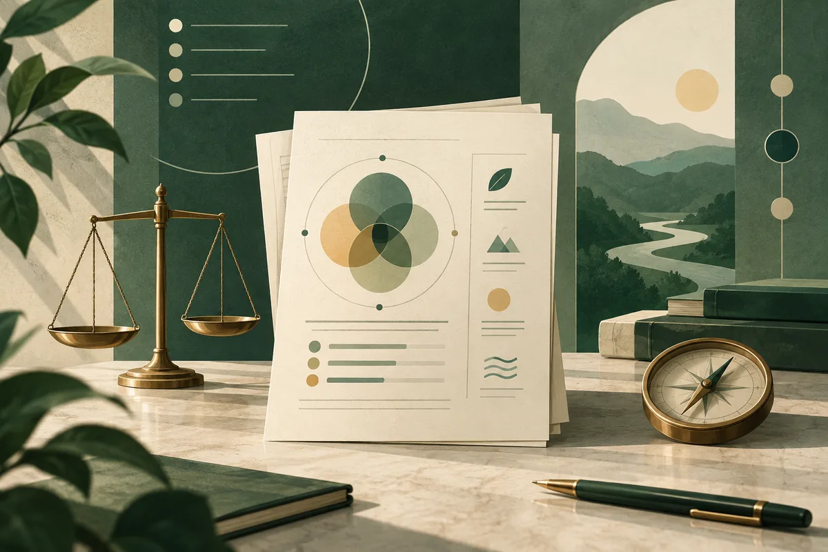 A cream report page with overlapping colored circles, a brass balance scale, a compass, stacked books, and a mountain landscape.