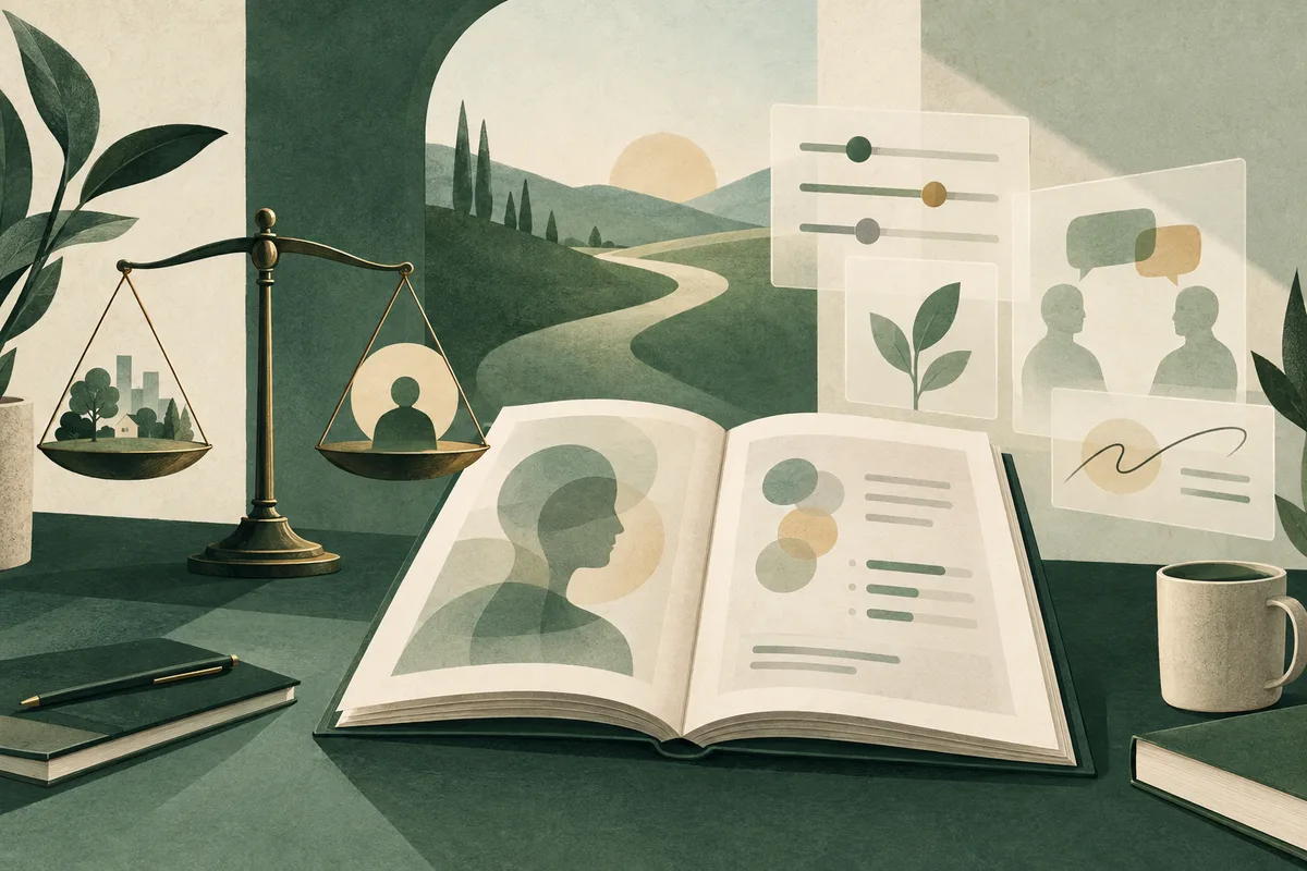 An open illustrated book with a human silhouette and colored circles, beside balance scales and translucent cards showing sliders, a plant, and two speaking figures.