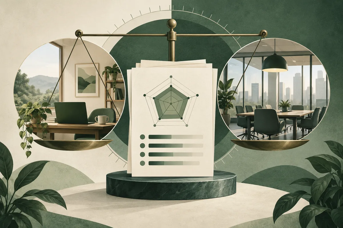 A balance scale holds report pages with a green radar chart and bars, between circular views of a desk with a laptop and a conference room.