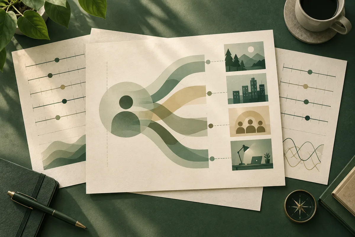 Layered report pages show rating scales, branching green and gold bands, small landscape and city illustrations, and three small group icons. A pen and compass sit on the dark green surface beside them.