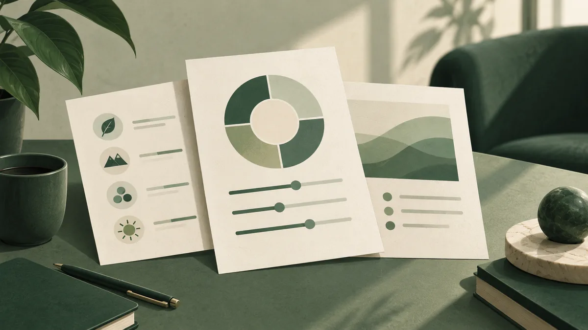 Three cream report sheets with abstract charts and icons sit on a green desk beside a plant, cup, pen, books, and a small stone sphere.