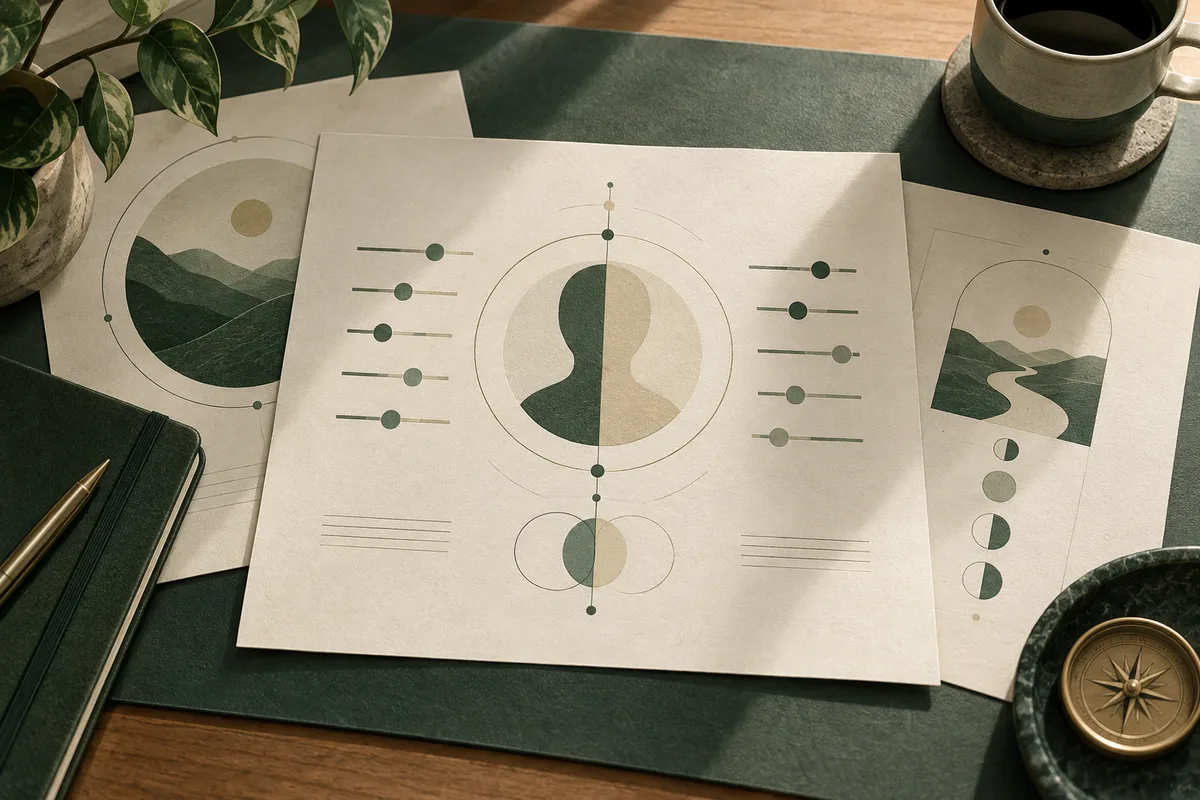 Cream report pages with abstract charts and a split green-and-beige human silhouette lie on a dark desk beside a plant, pen, coffee cup, and compass.