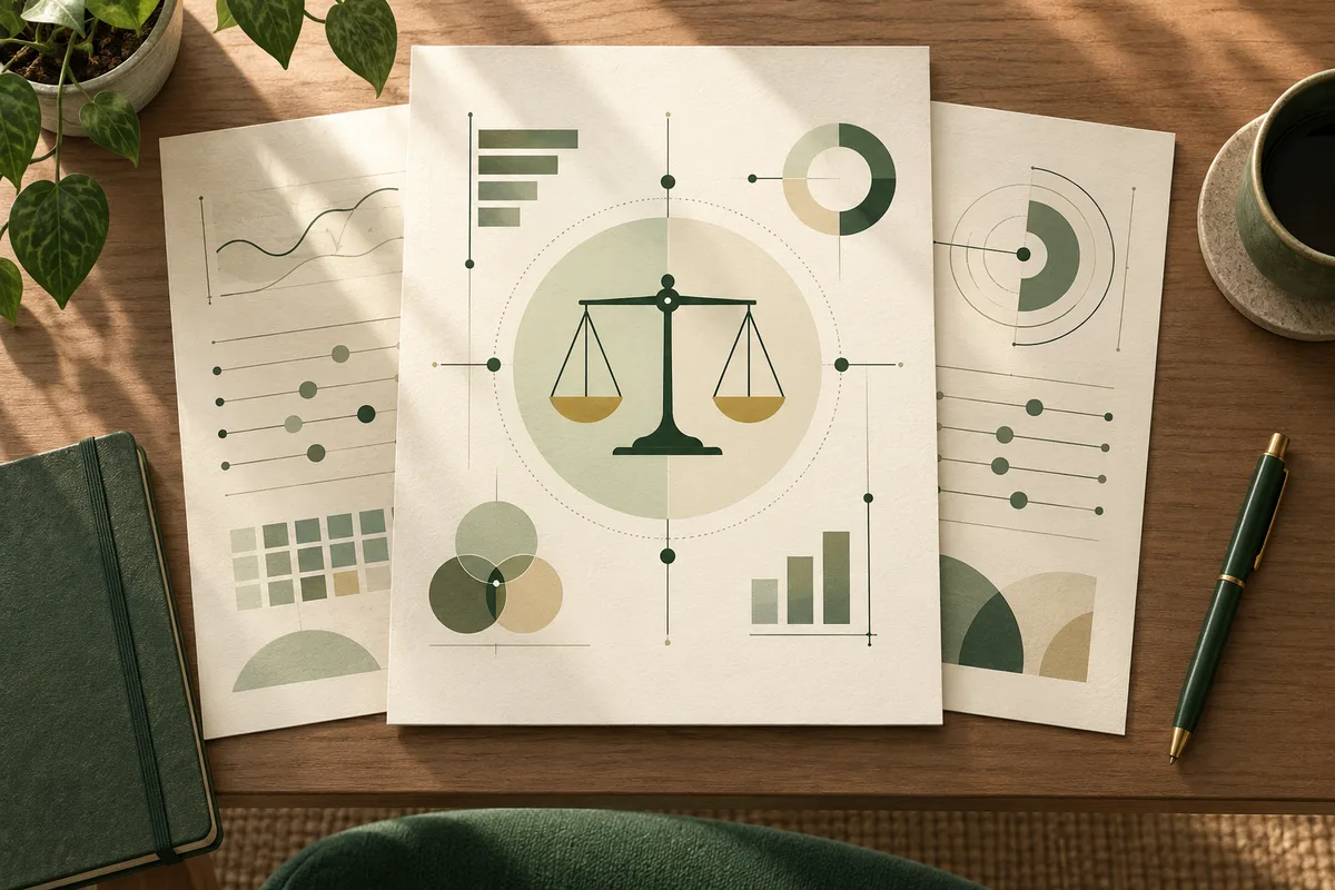 Papers with abstract charts and a balance scale sit on a wooden desk beside a notebook, pen, plant, and coffee cup.