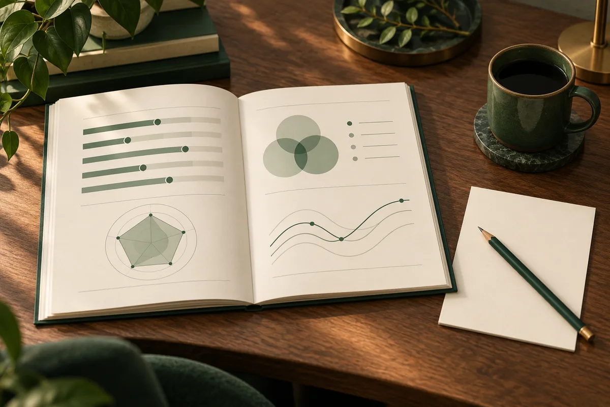 An open book displays abstract bar, circle, and line charts on a wooden desk beside a pencil and coffee cup.