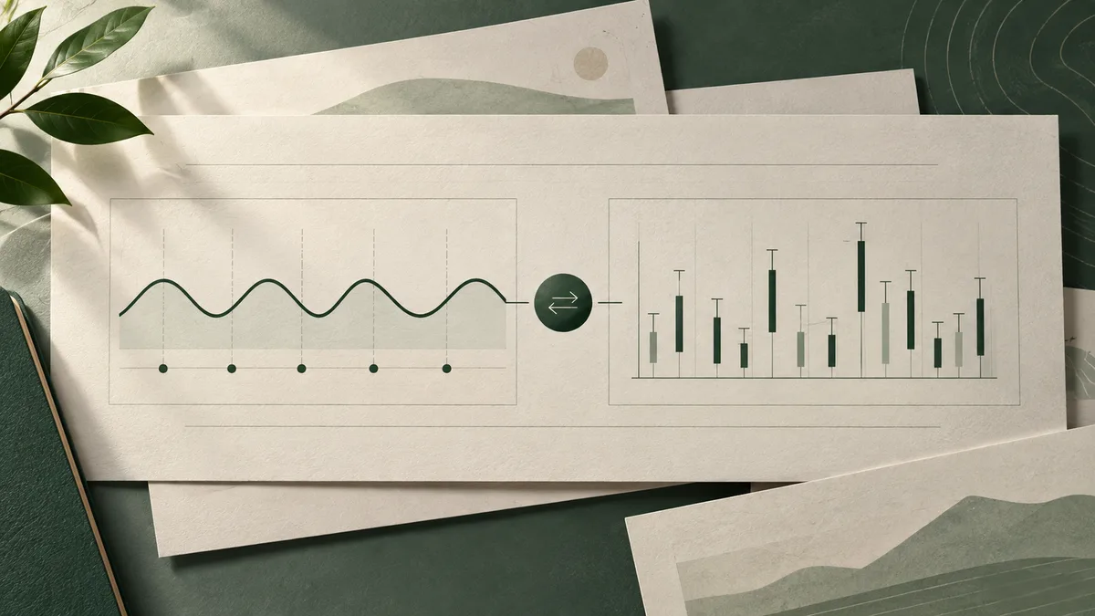 A report page shows a repeating wavy line beside a chart of vertical bars, with a two-way arrow between them.