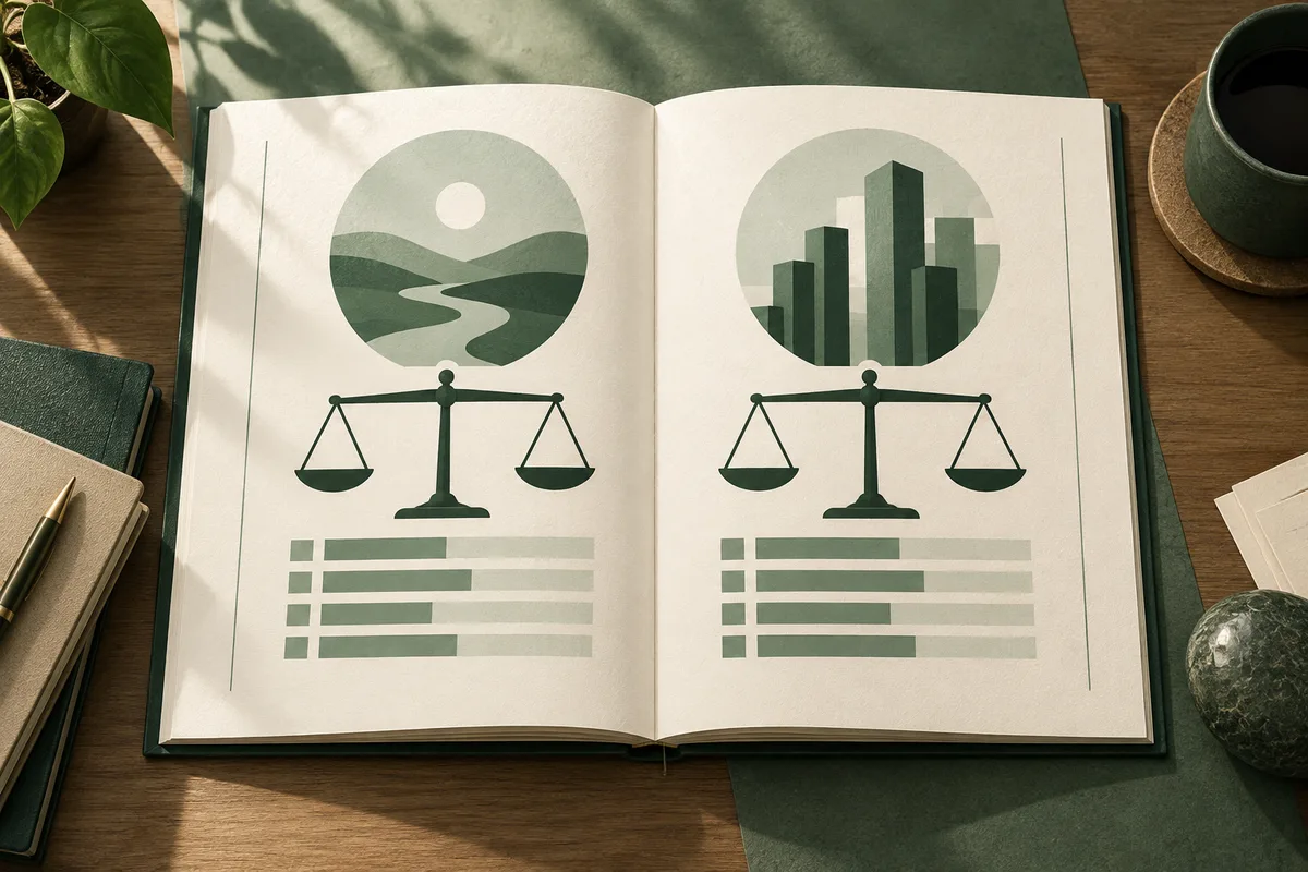 An open book displays two green circular illustrations, one with a winding path through hills and one with ascending bars, each above a balance scale and horizontal bars. A plant, notebook, pen, and cup sit on the wooden desk around it.