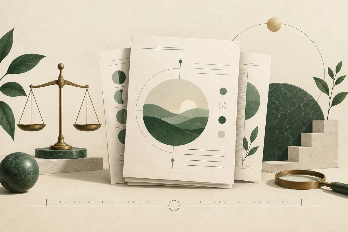 A balance scale stands beside overlapping report pages with abstract green charts, leafy plants, stone steps, and a magnifying glass.