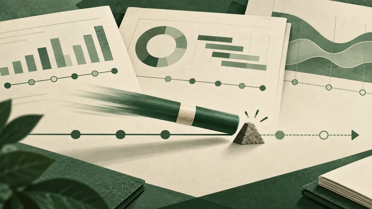 Cream report pages show a bar chart, segmented circle, horizontal bars, and dotted timelines. A dark green pencil points toward a small stone placed on one timeline.