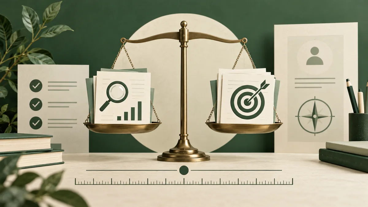 Brass balance scales hold papers with a magnifying glass, bar chart, and target symbols; profile and compass cards stand behind them, with a ruler along the table.