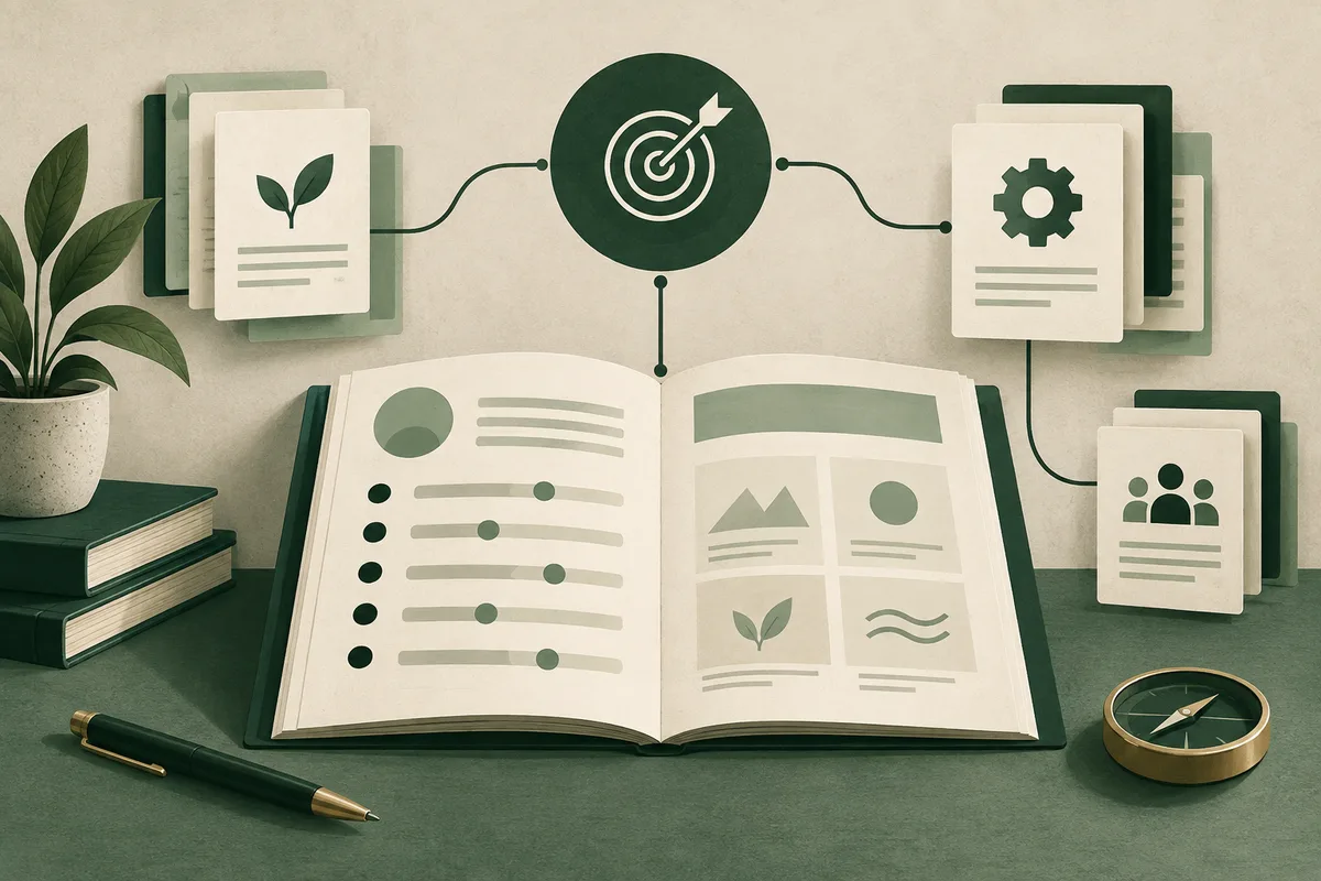 An open illustrated report lies on a desk, linked by lines to cards showing a leaf, target, gear, and group of people; a pen, books, plant, and compass surround it.