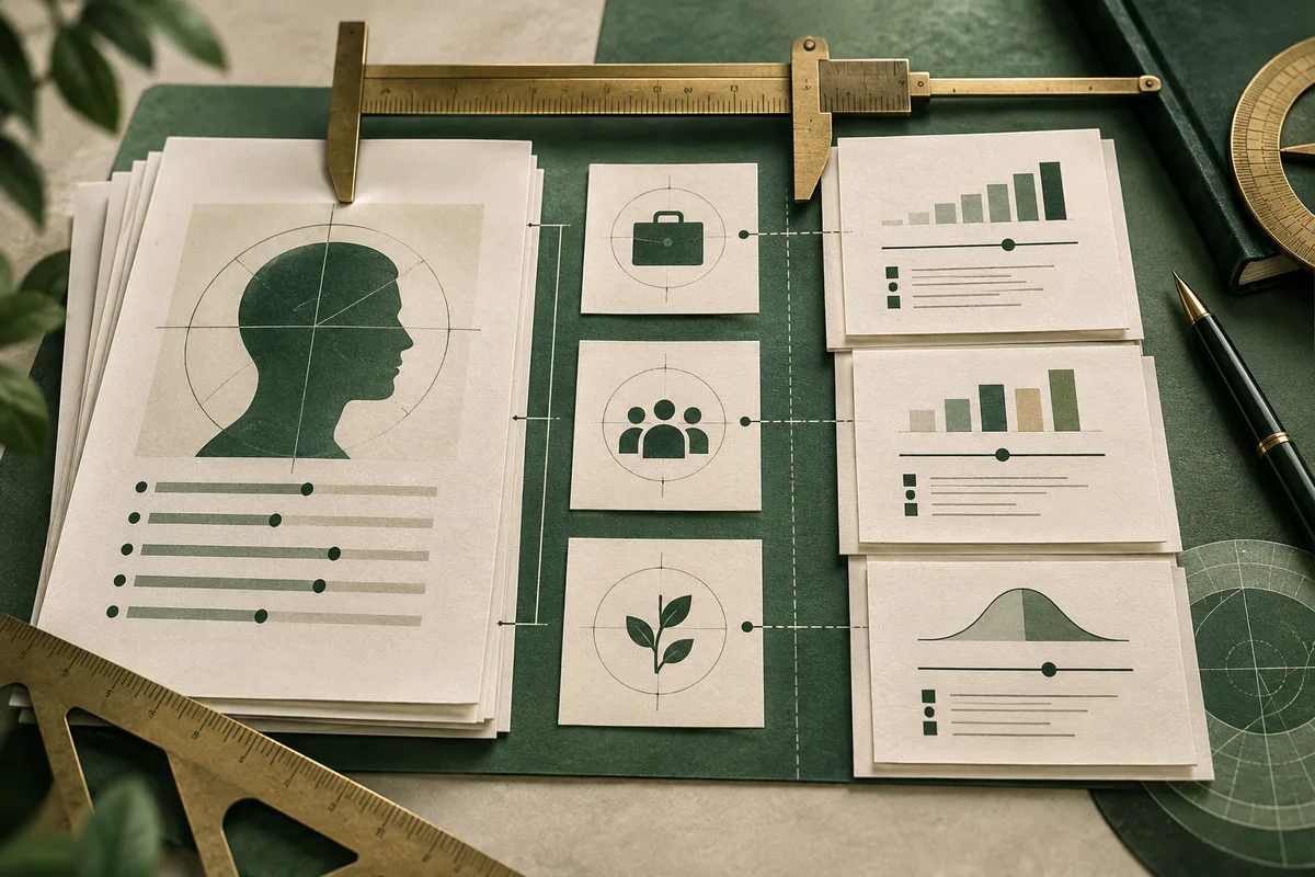 Overhead view of papers showing a head silhouette, briefcase, group, leaf, bar charts, and a curved graph, arranged with calipers, rulers, a compass, and a pen.