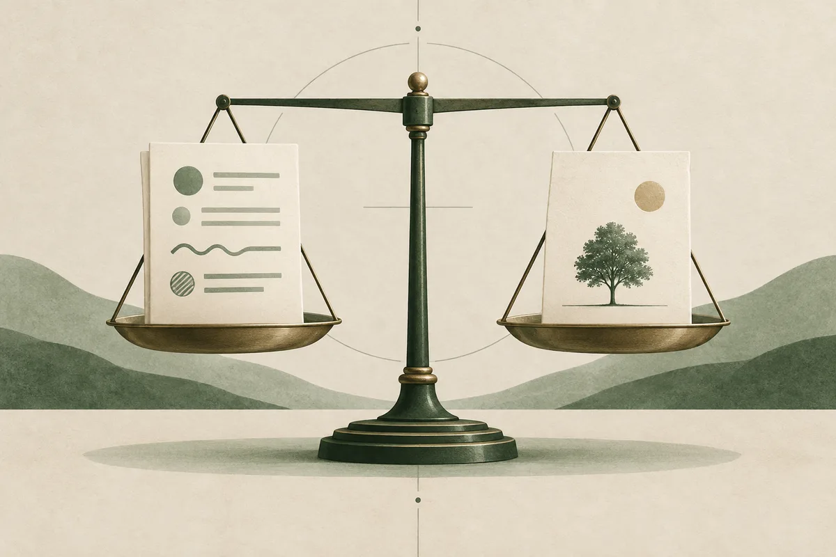 A balance scale holds two report pages: one with abstract circles and lines, the other with a tree illustration.