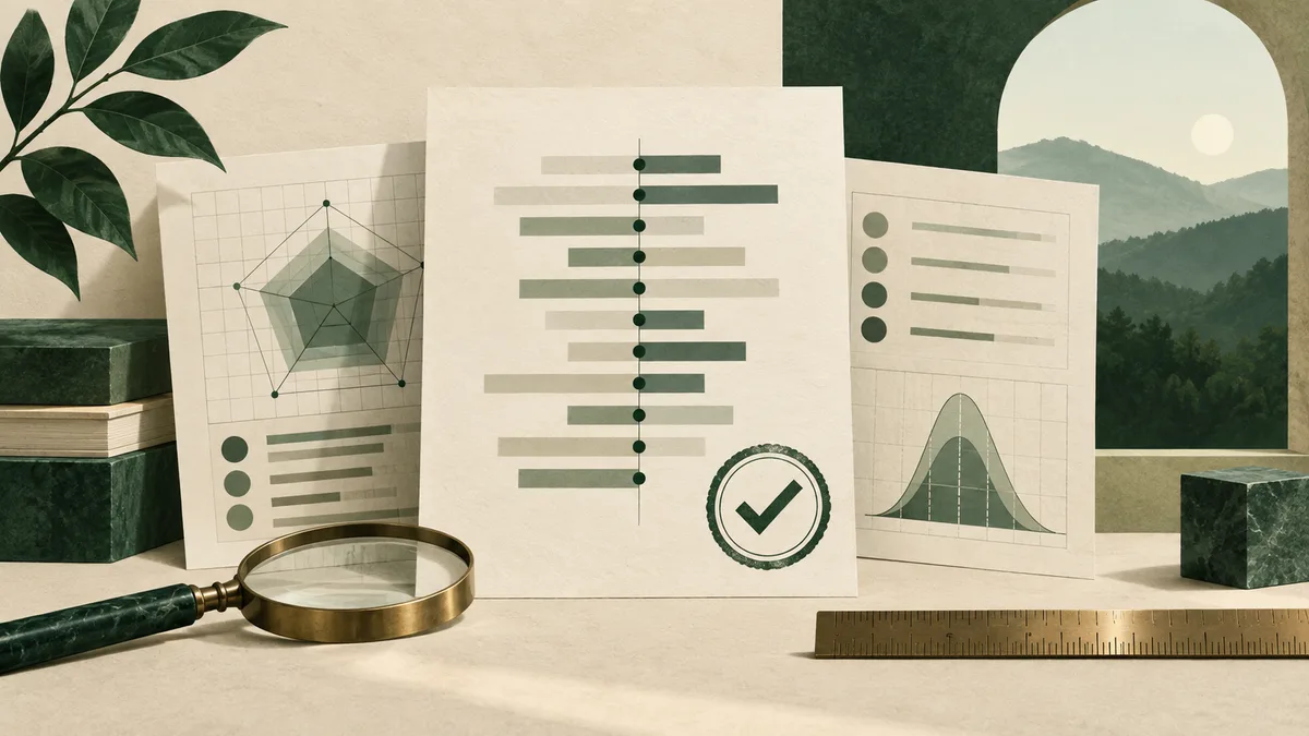Three paper sheets display abstract green charts and bars beside a check mark, magnifying glass, and ruler; leaves and a mountain landscape appear in the background.