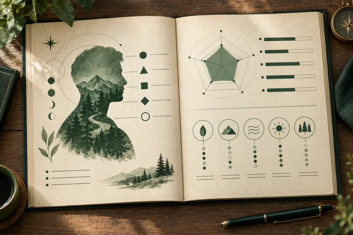An open illustrated book shows a profile silhouette filled with trees and mountains on one page, and geometric charts, bars, and circular symbols on the other.
