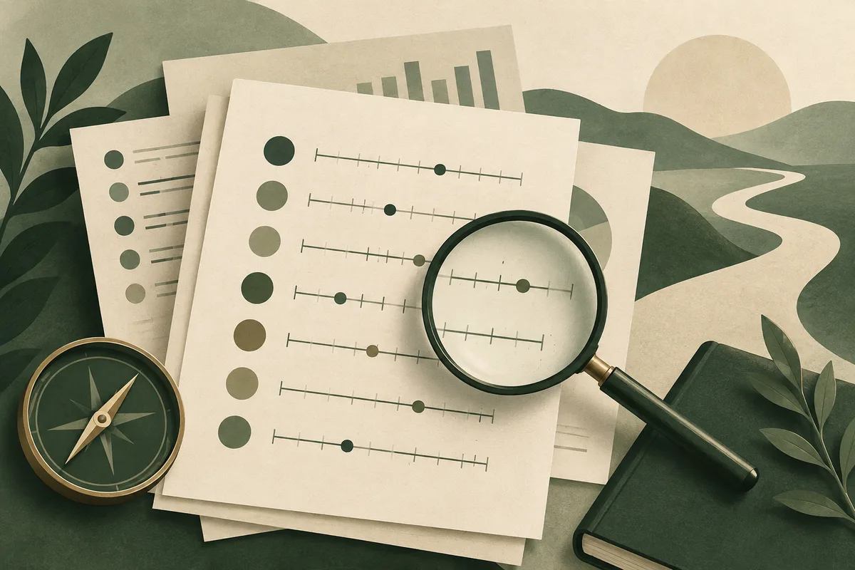 Layered cream sheets show rows of tick-marked scales and circles, viewed through a magnifying glass, with a compass and leafy branches against a dark green background.