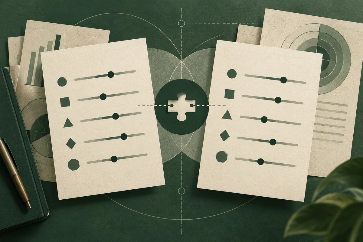 Two cream sheets show geometric symbols beside horizontal scales, with a puzzle piece between them on a dark green background. Charts, a notebook, a pen, and leaves surround the sheets.