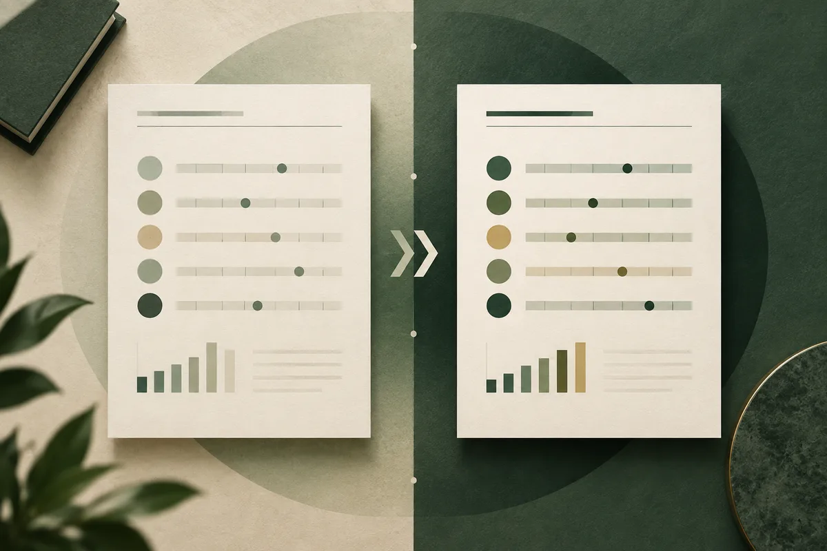 Two report pages with colored slider scales and bar charts sit side by side, with arrows between them on a cream and dark green background.