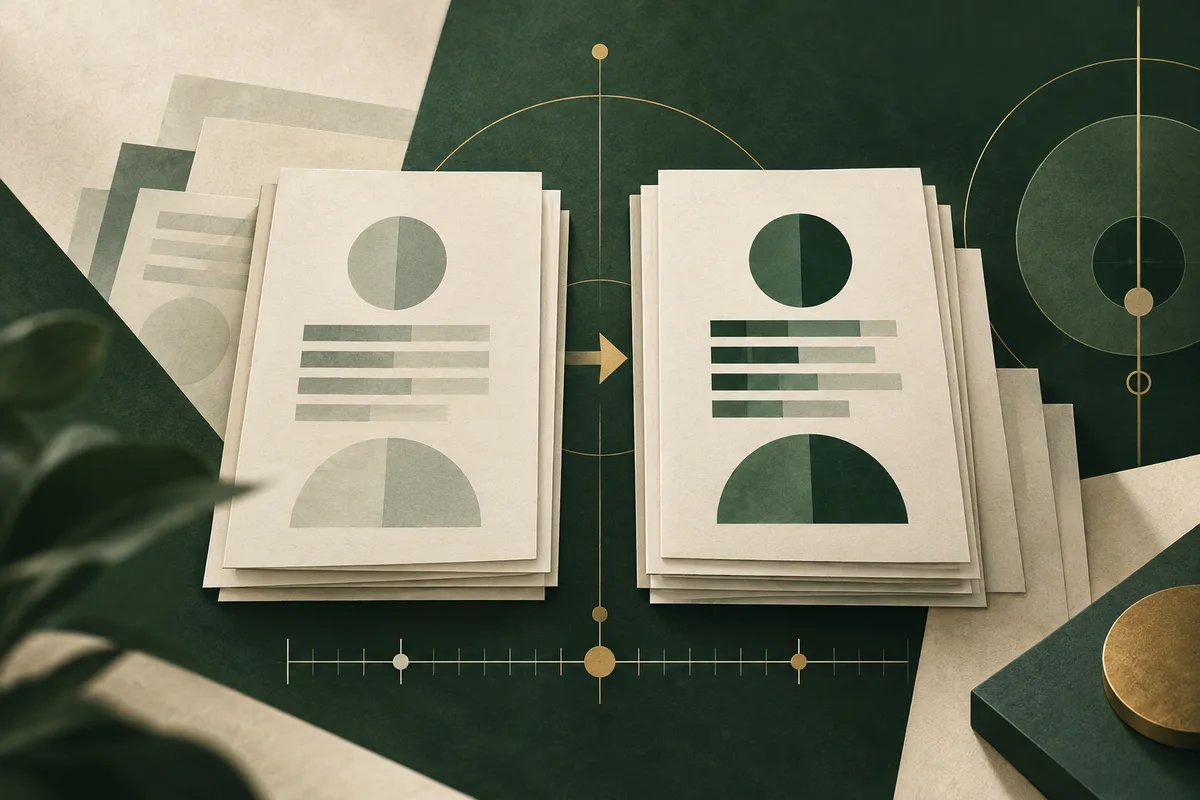 Illustrative, non-data report pages with decorative pie charts and bars, linked by an arrow against a dark green grid with gold markers; no actual assessment results are shown.