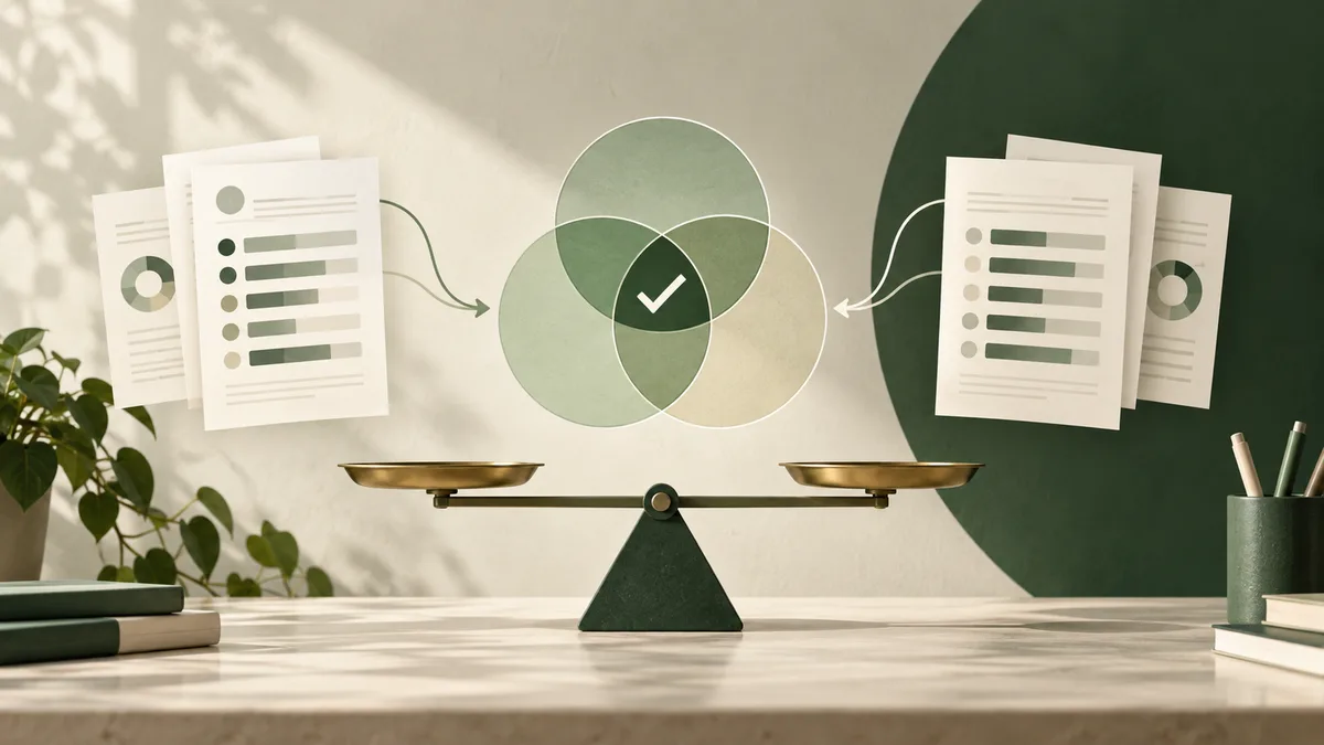 A balance scale sits on a desk beneath an overlapping three-circle diagram with a check mark, with report pages and arrows on either side.