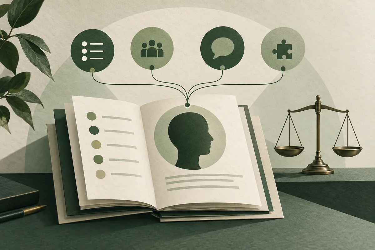 An open report with a head silhouette lies on a desk, with four connected icon circles above it and a balance scale at right.