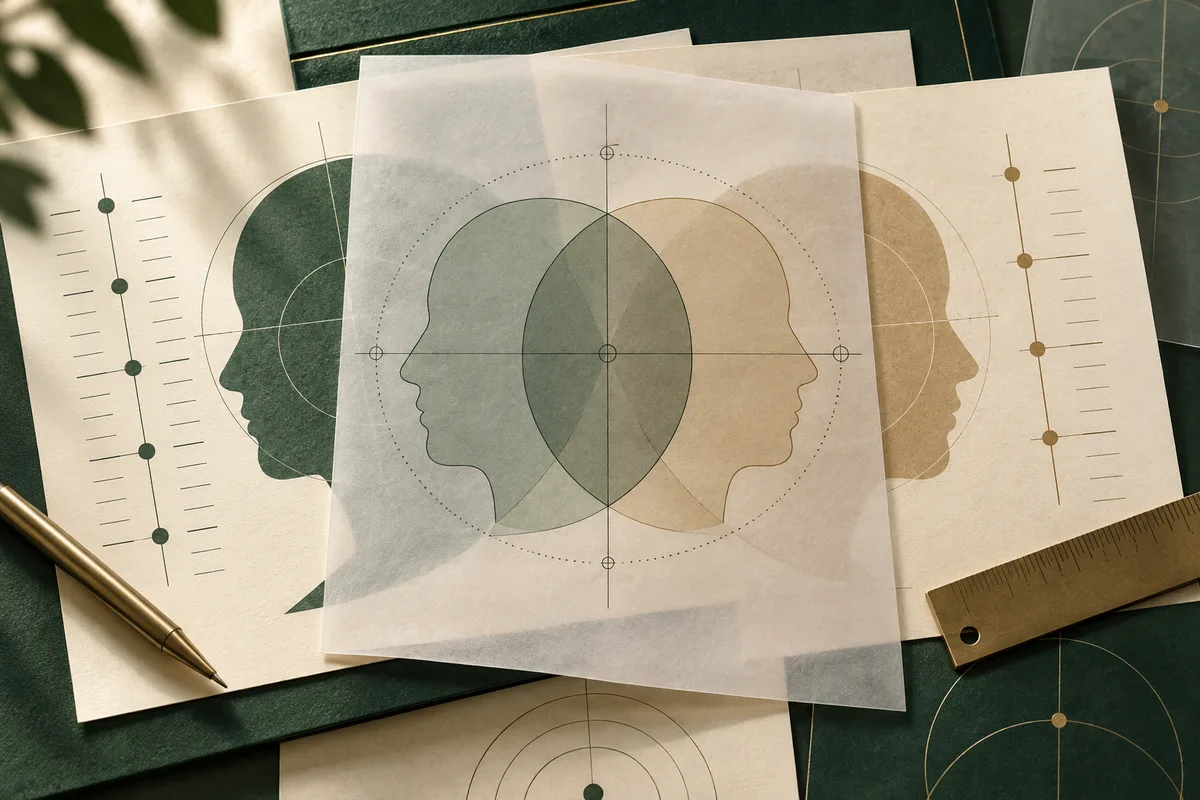 Layered papers show overlapping left- and right-facing head silhouettes within measurement circles, with plotted dots and a ruler nearby.