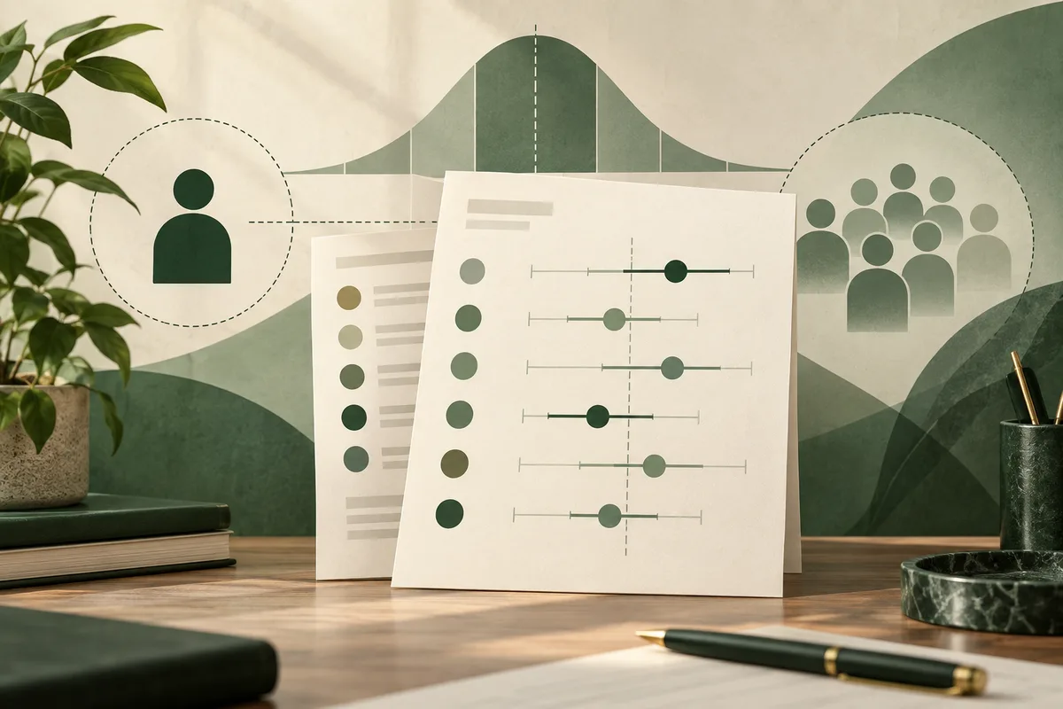 Illustrated report pages with rows of colored dots and horizontal scales sit on a desk beneath a bell-shaped curve, with individual and group silhouettes in the background. A potted plant, books, and pens frame the scene.