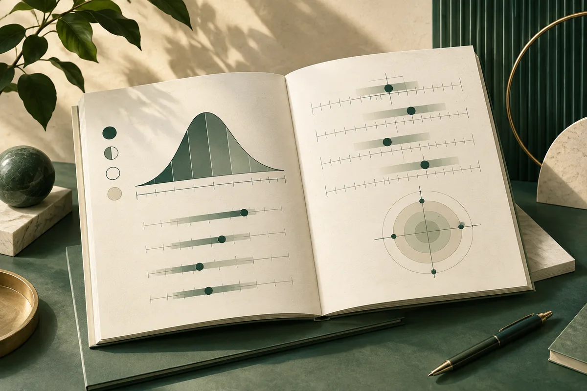 Open book displaying a bell-curve illustration, horizontal scales, and a circular target diagram on a green tabletop beside a pen and plant.