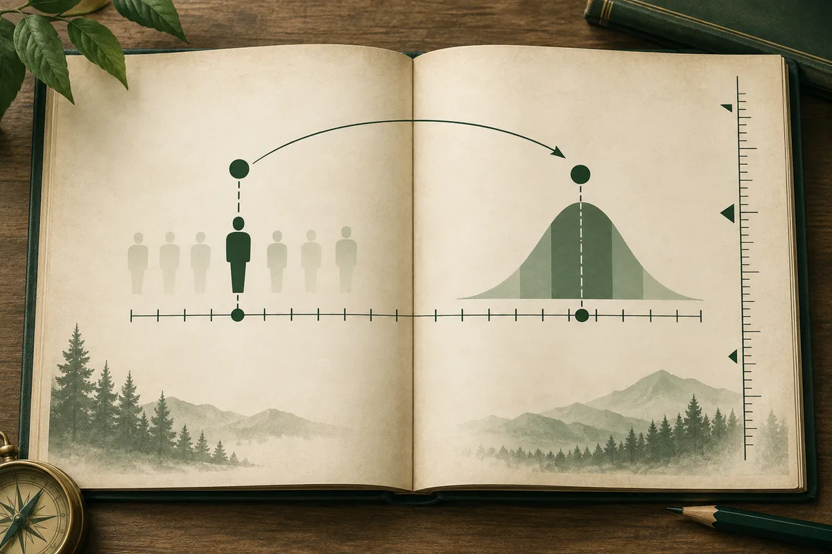 Open illustrated book showing a highlighted figure connected by an arrow to a bell curve, with horizontal scales and a mountain landscape.