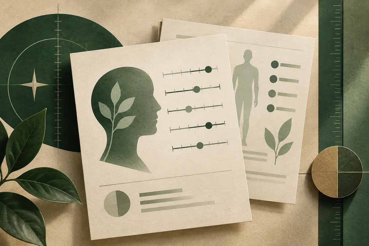 Layered papers showing a profile silhouette with leaves, a standing figure, horizontal scales, circles, and botanical shapes.
