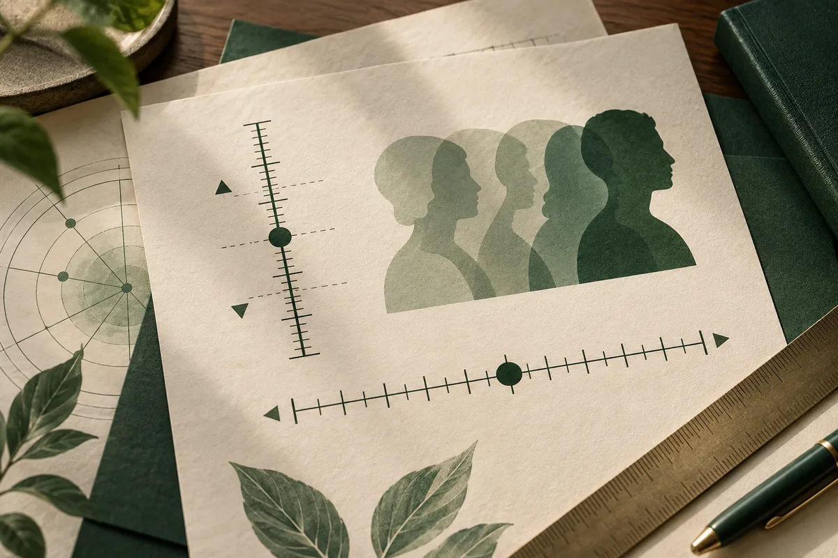 Illustrated paper showing overlapping side-profile silhouettes above horizontal scales, with vertical measurement marks, leaves, and a ruler.