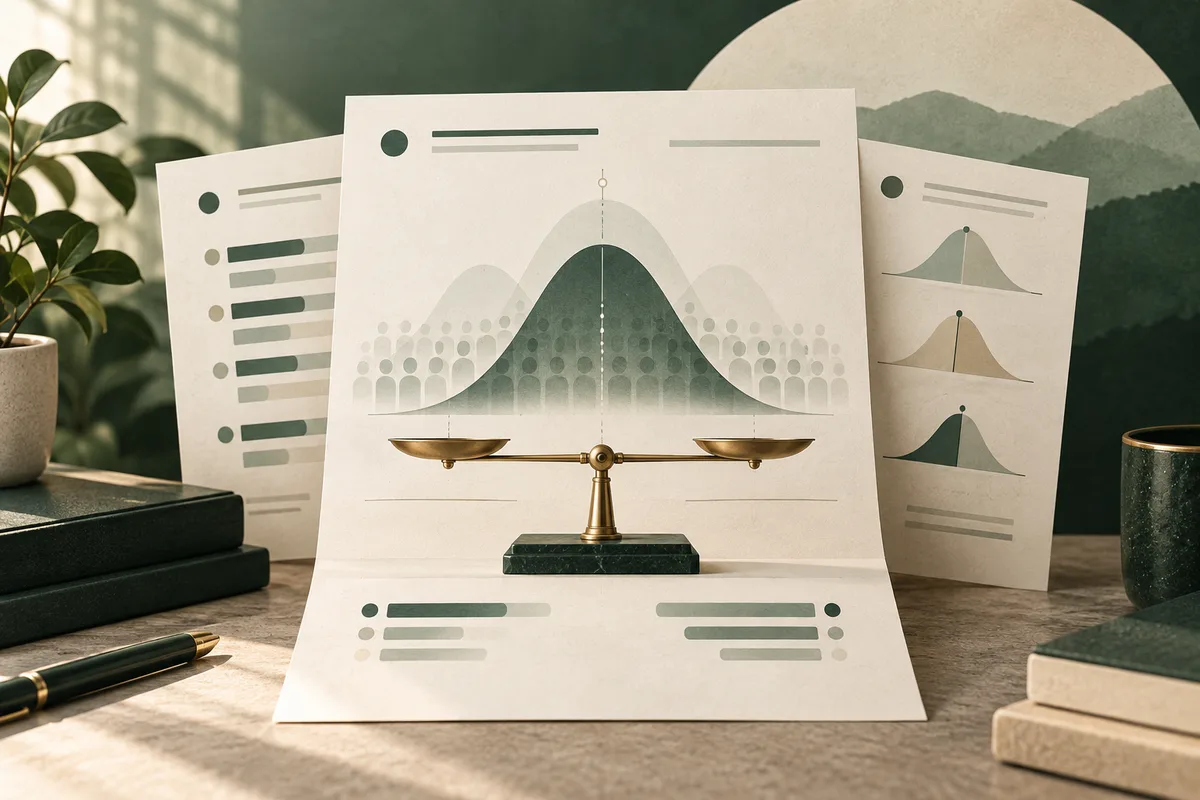 Three cream-colored report pages display green distribution charts and a balance scale on a desk.