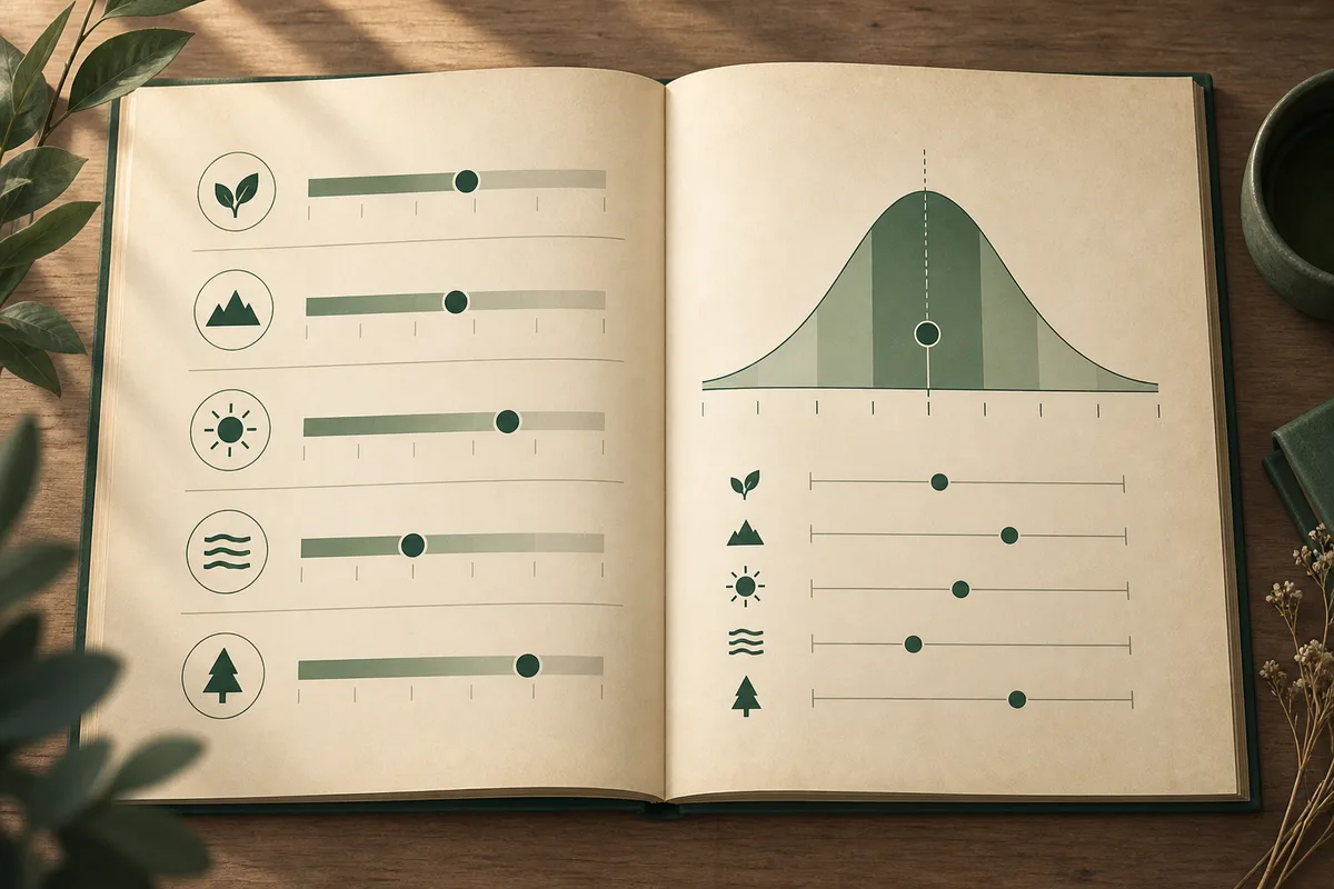 An open book shows five icon-marked horizontal scales on the left and a shaded bell curve with aligned markers on the right.