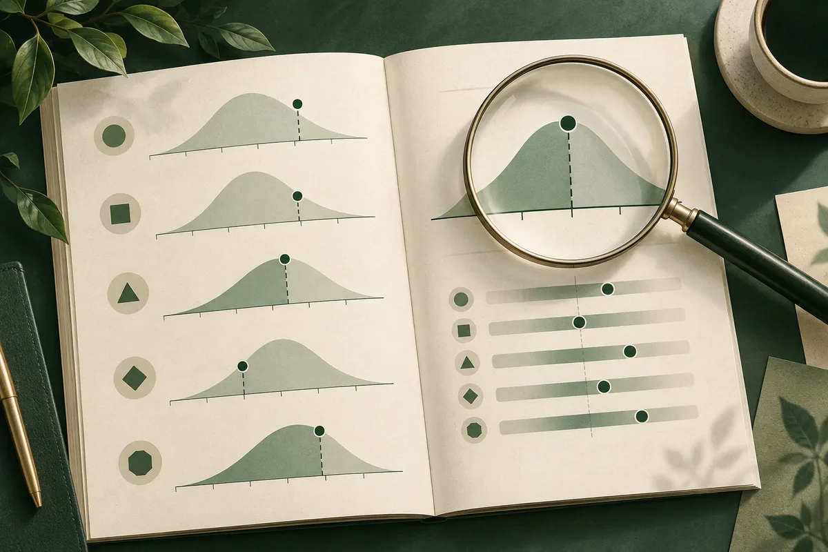 An open book displays five shaded bell curves and a magnifying glass over a larger curve and horizontal bars.
