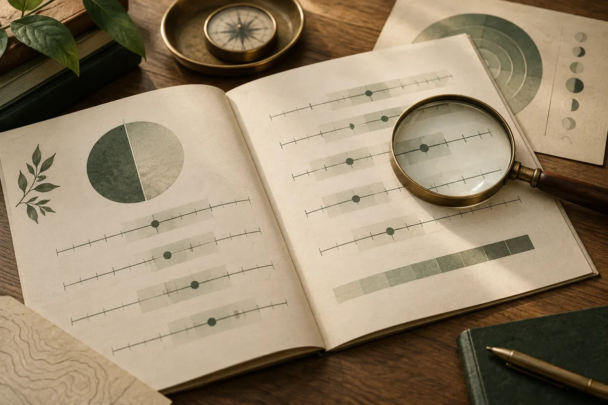 An open book shows a pie chart and horizontal marker scales, with a magnifying glass over one scale; a compass and papers sit nearby.
