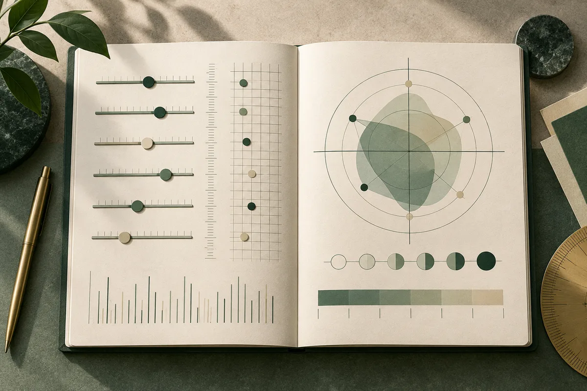 Open notebook displaying horizontal scales with circular markers, plotted dots, vertical bars, and an overlapping circular diagram, with a pen and round measuring tool nearby.