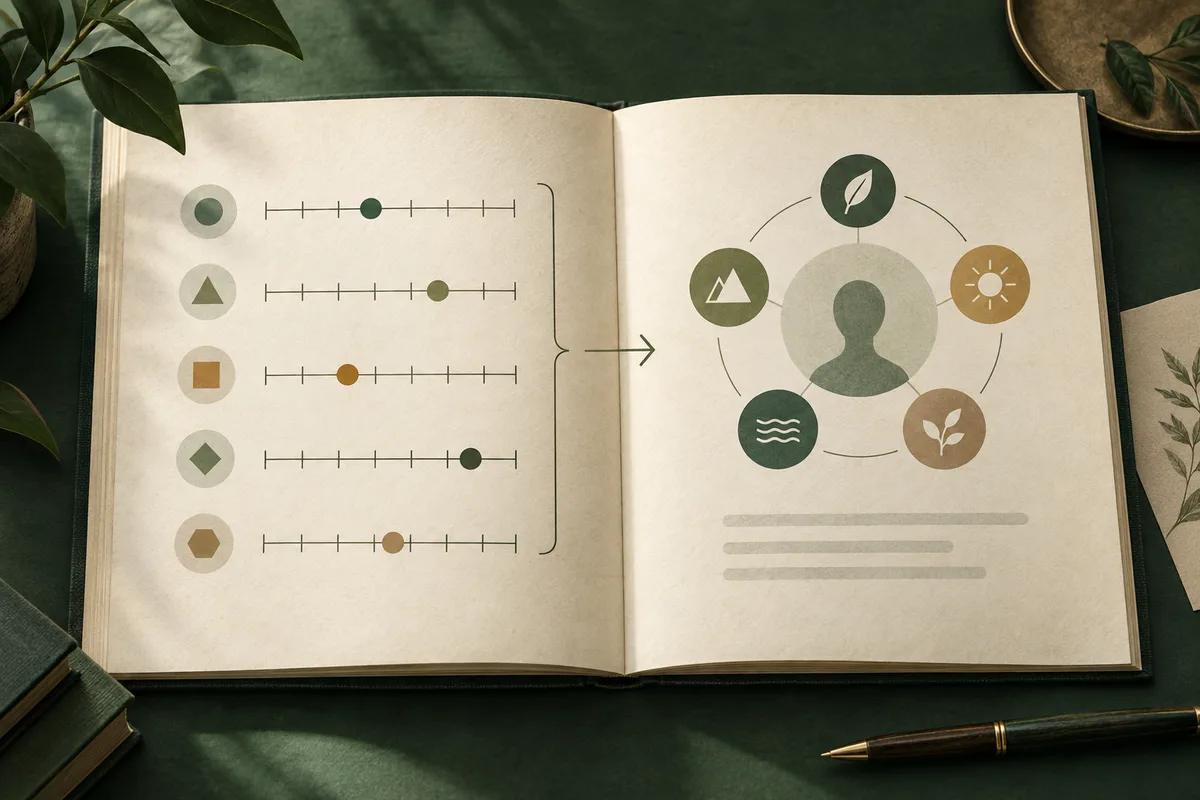 Open notebook showing five symbol-marked horizontal scales that point to a central human silhouette surrounded by five colored circular icons.