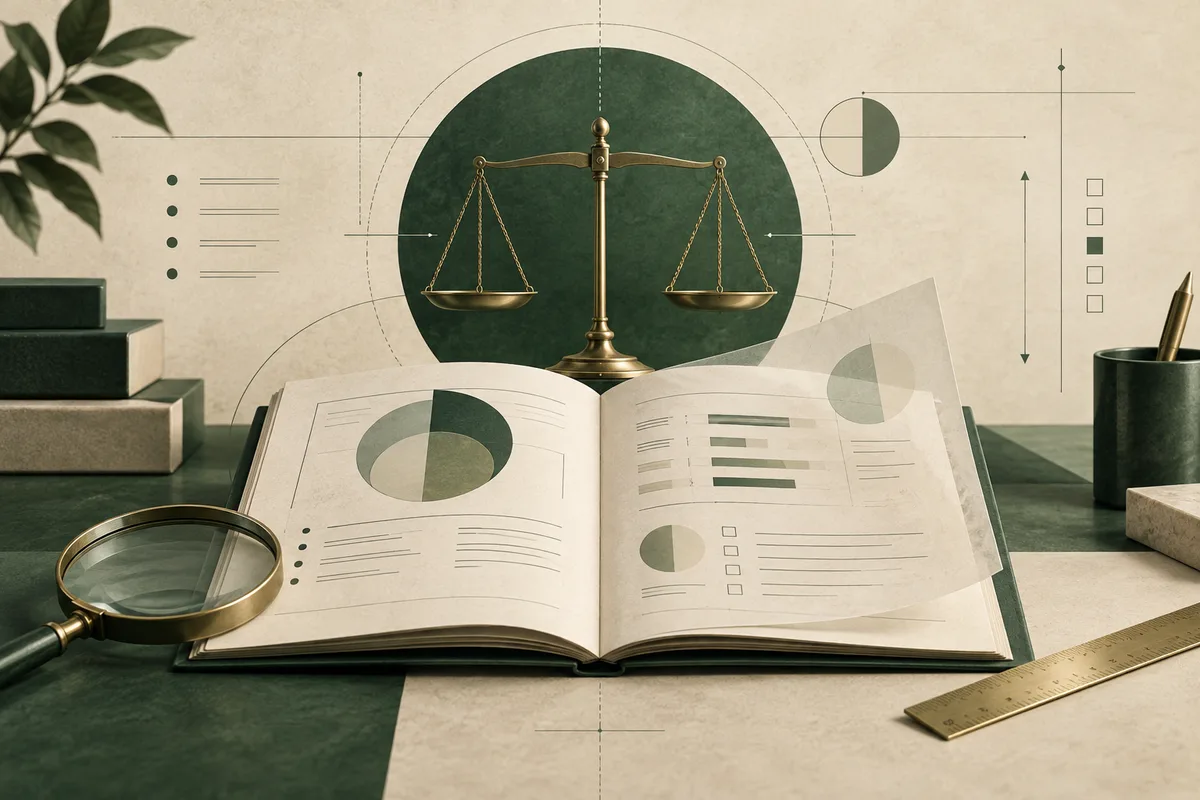 An open report with pie charts and bar charts sits beneath a brass balance scale; a magnifying glass and ruler rest on the desk.