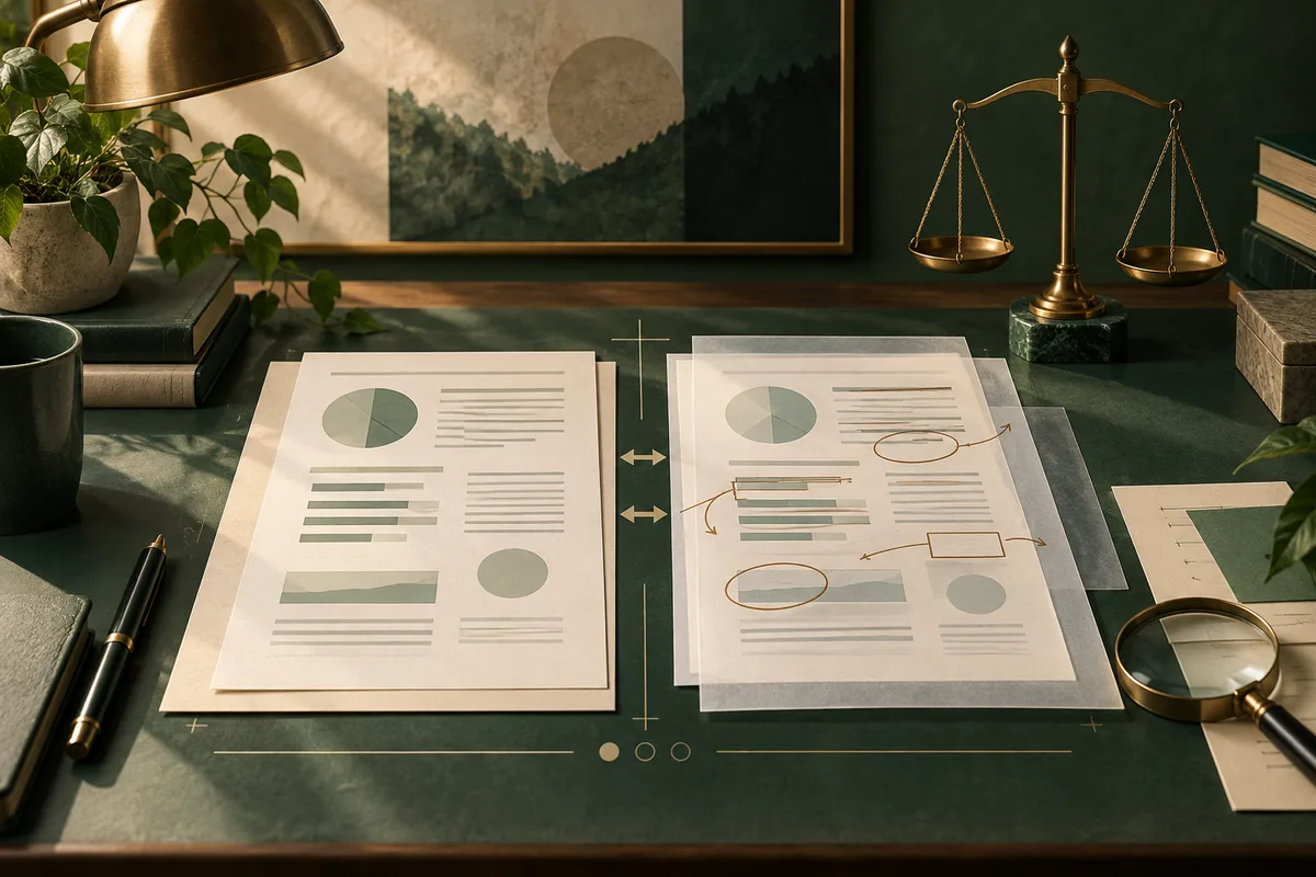 Two report sheets with charts are placed side by side with arrows and drawn circles between them; a balance scale, lamp, plants, books, and magnifying glass surround the desk.
