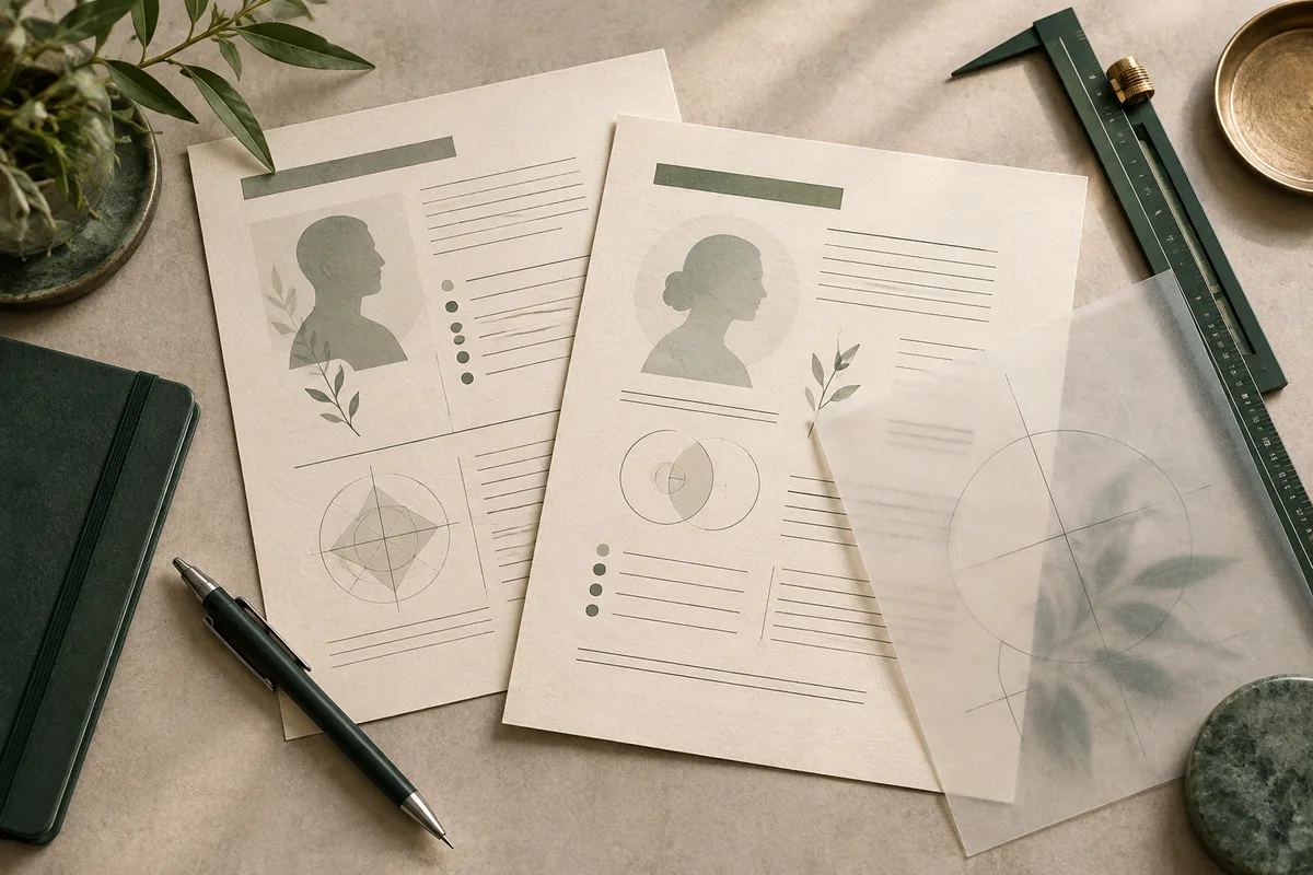 Two overlapping report sheets show profile silhouettes, circular diagrams, lines, and colored dots beside a pen, ruler, notebook, and translucent sheet.