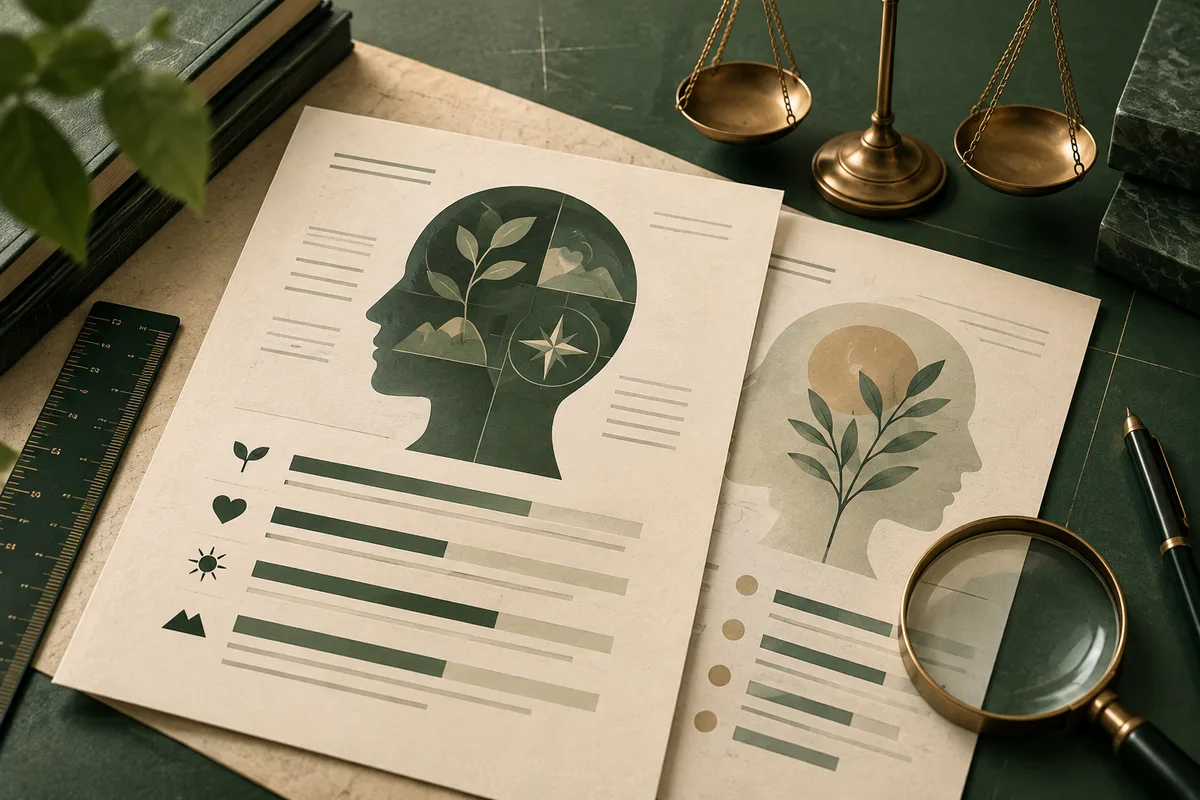 Two illustrated report sheets show profile silhouettes filled with leaves and geometric shapes above horizontal bar charts; a magnifying glass and balance scale are nearby.
