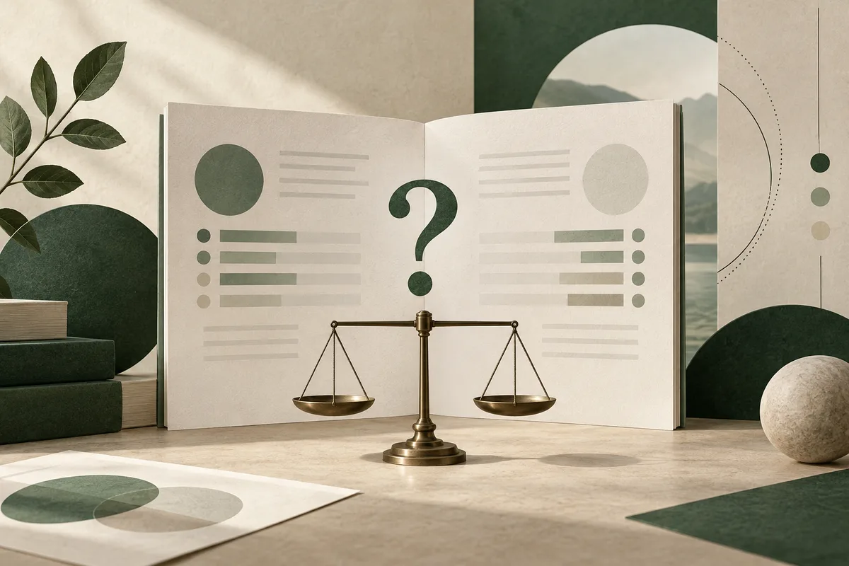 An open book with abstract profile pages and a large question mark, balanced scales in front, and green geometric shapes and leaves around it.