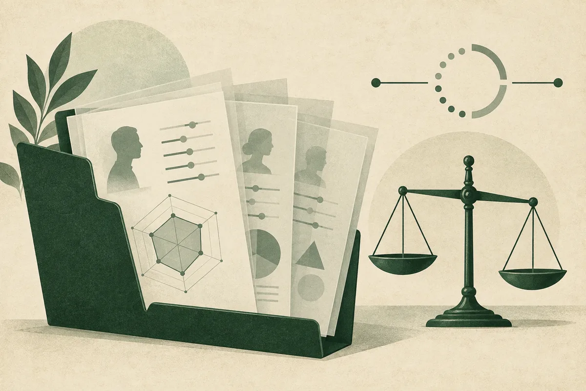A green file holder containing layered profile pages with silhouette portraits, slider marks, geometric charts, and a balance scale beside them.