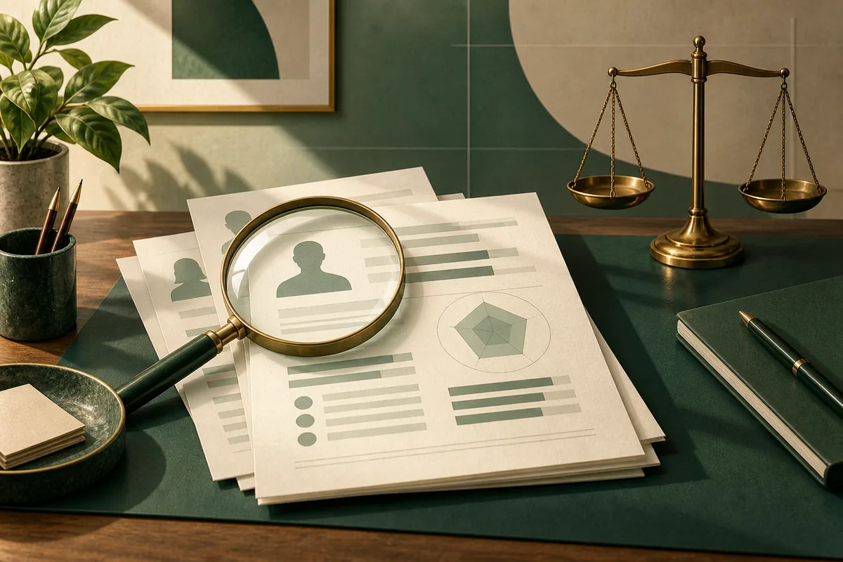 A magnifying glass rests on report pages showing profile silhouettes, bars, and a radar chart, with a balance scale on a green desk behind them.