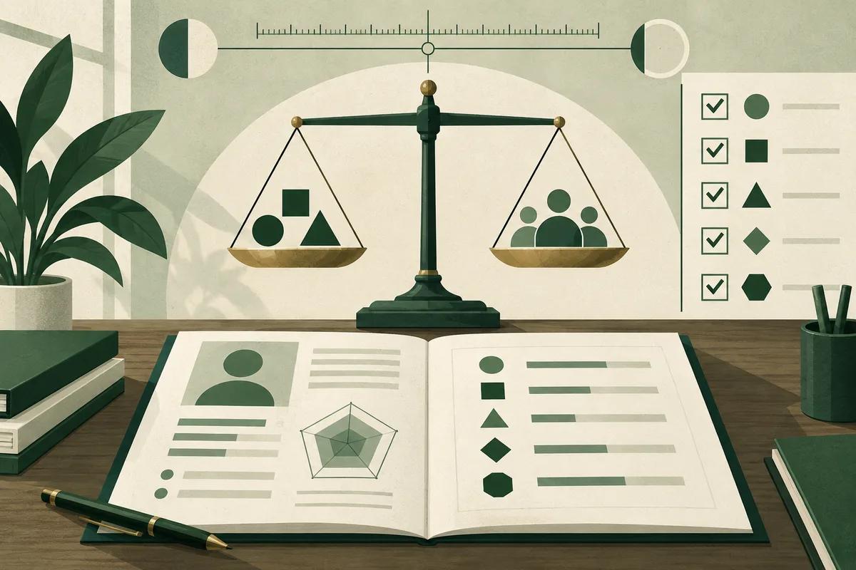 An open report with profile graphics, a radar chart, colored shapes, and horizontal bars sits below a balance scale; a checklist is visible on the wall.