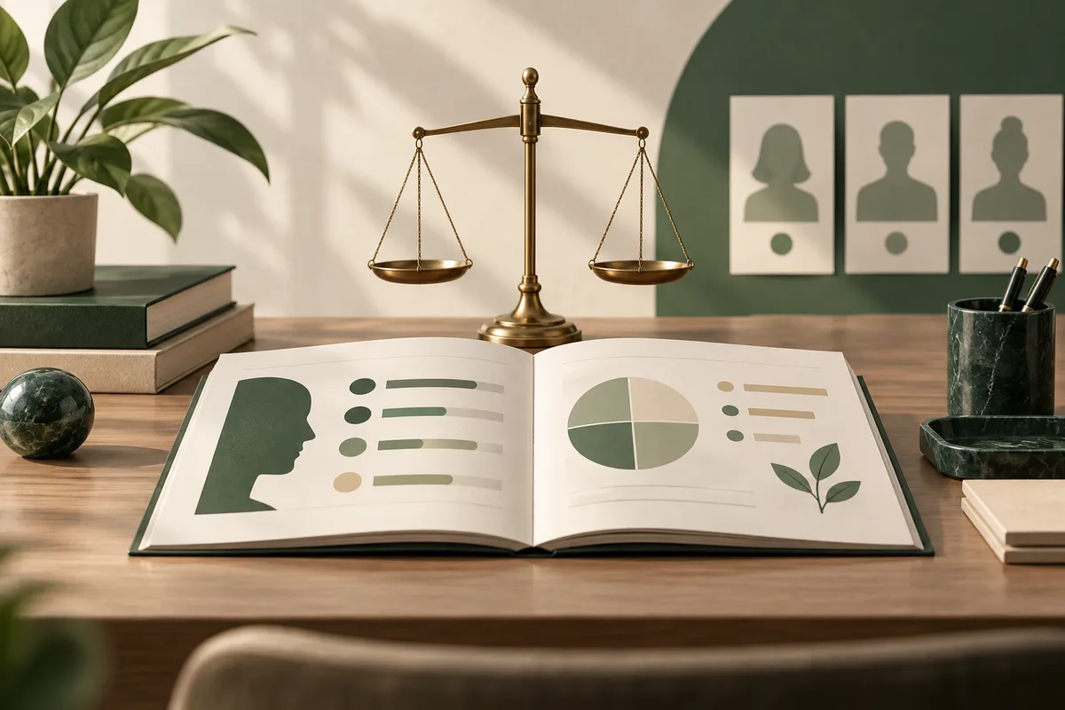 An open report shows a profile silhouette, colored dots and bars, a pie chart, and a leaf graphic, with a balance scale and three profile cards behind it.