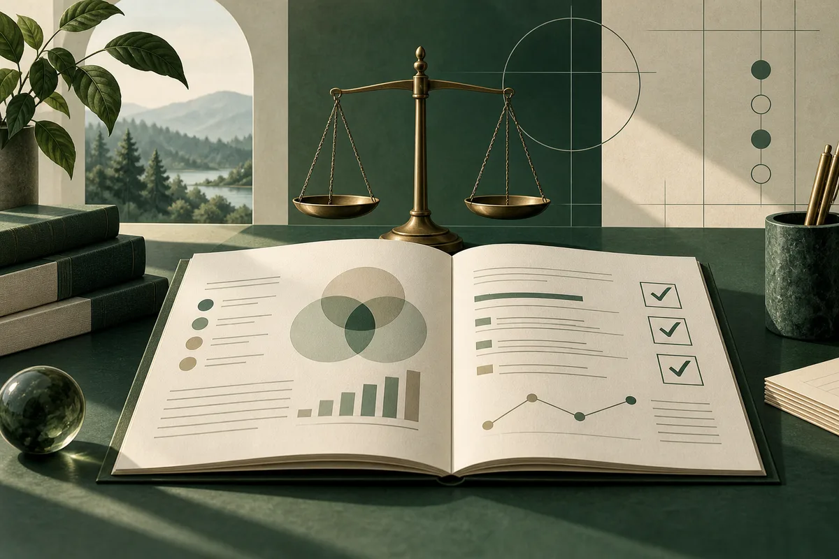 An open illustrated report with abstract charts and checkboxes sits beneath a brass balance scale, with books, a plant, and a mountain landscape in the background.