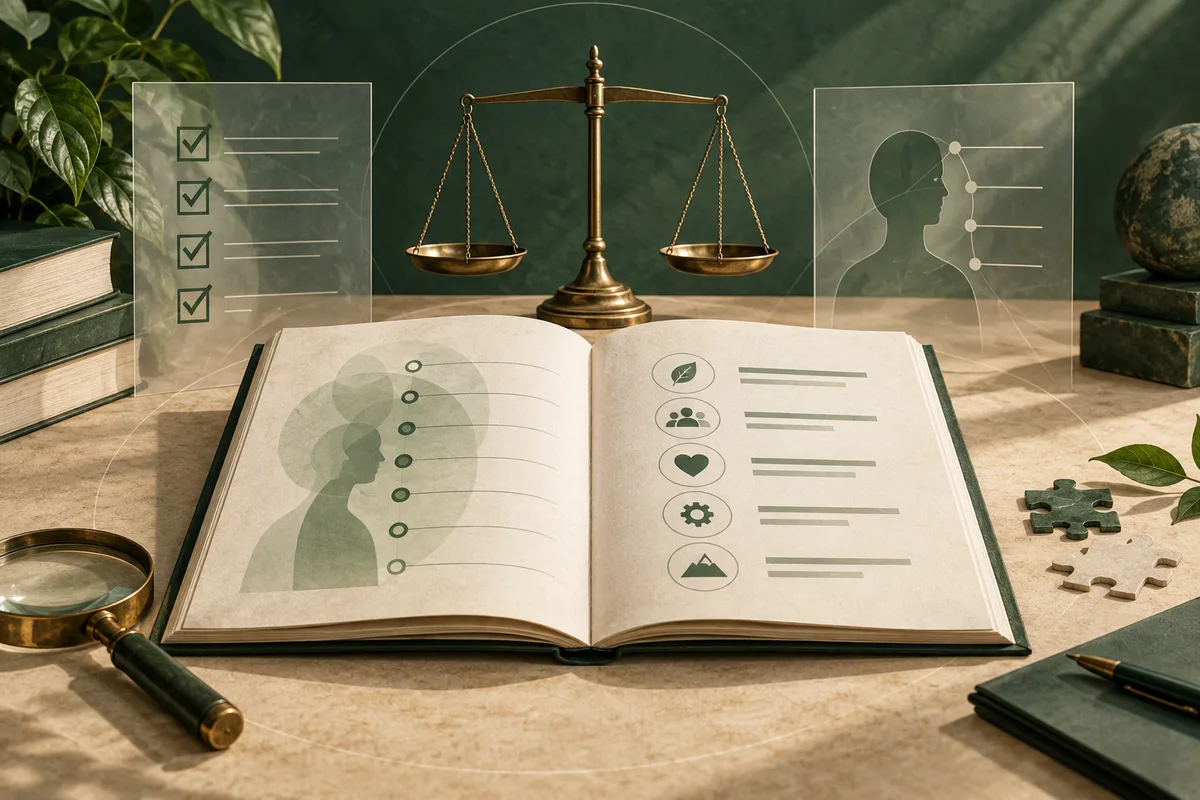 An open illustrated report with circular icons and abstract lines sits in front of a brass balance scale, flanked by panels with checkmarks and a profile diagram.